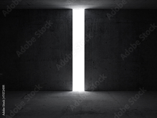 Dark abstract interior with opening in the concrete wall. 3d ren