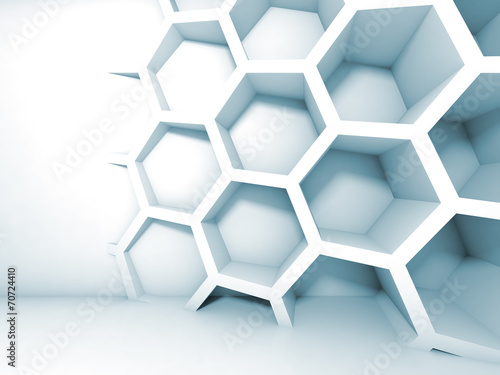 Abstract blue 3d interior with honeycomb on the wall