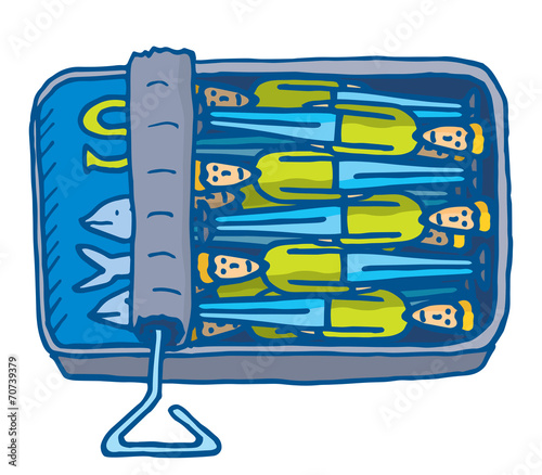 Man cramped together in small sardines can
