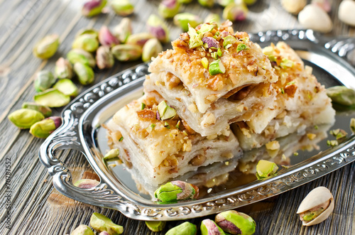 Turkish pistachio pastry dessert baklava with green pistachios