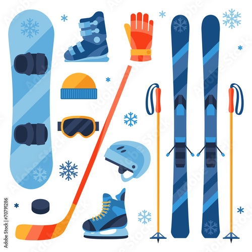 Winter sports equipment icons set in flat design style.