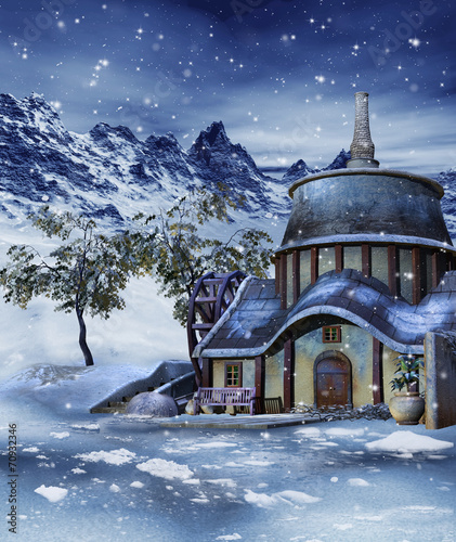 Zimowa sceneria z chatką w górach