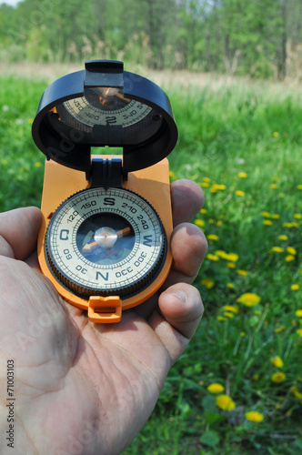 Compass in hand, against the background of blooming meadows.