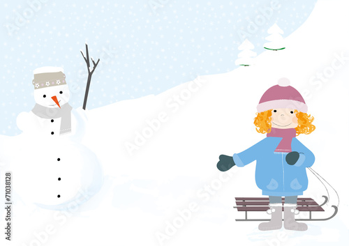 dziewcznka z sankami na tle śniegu - wektory