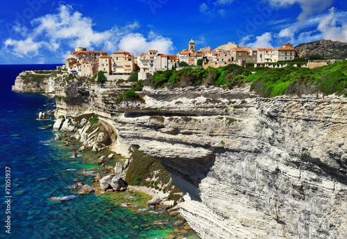 panorama of Bonifacio, old town at sea cliff, Corsica - France