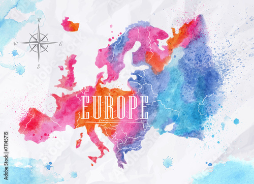 Watercolor Europe map pink blue