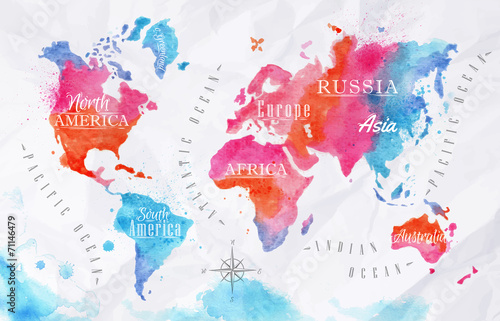 Watercolor world map pink blue