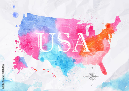 Watercolor map United States pink blue