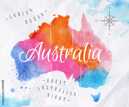 Watercolor map Australia pink blue