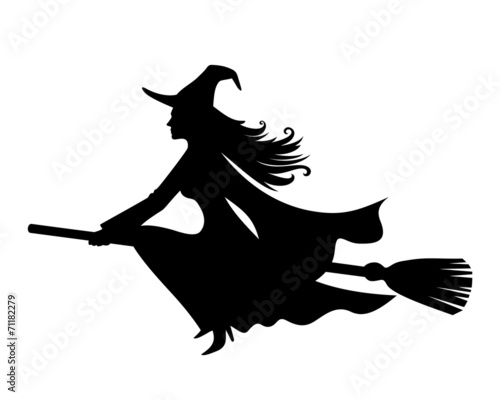 Witch on a broomstick. Vector black silhouette.