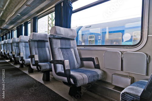 Passenger train interior with empty eats