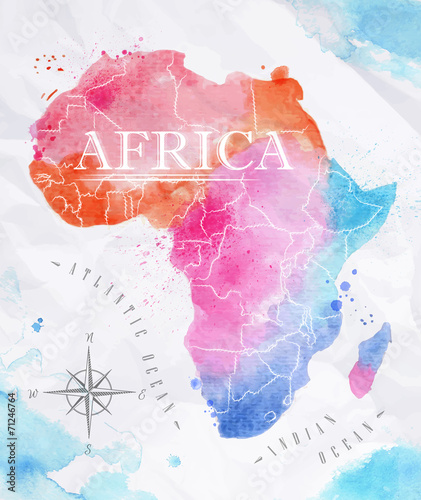 Watercolor map Africa pink blue