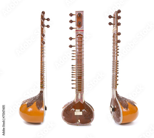 Sitar, a string Indian Traditional instrument, isolated on white