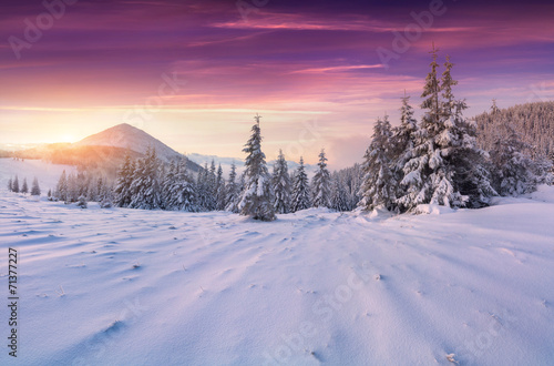 Colorful winter sunrise in the mountains
