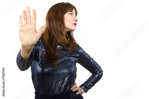 stylish woman refusing or saying no with hand gesture