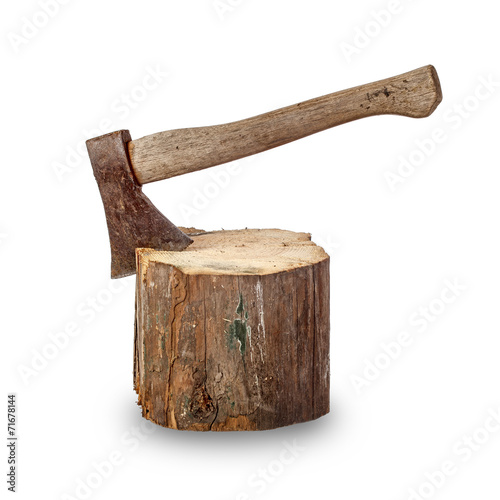 Old axe stuck in log