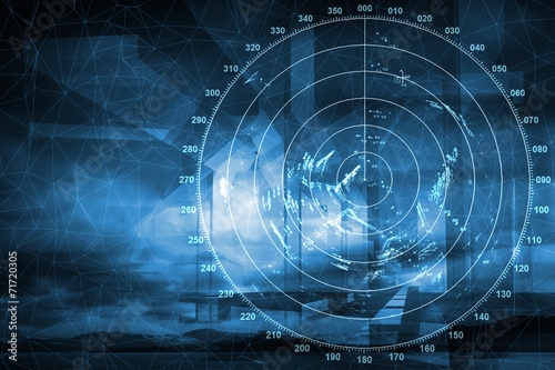 Modern ship radar digital screen above blue abstract background