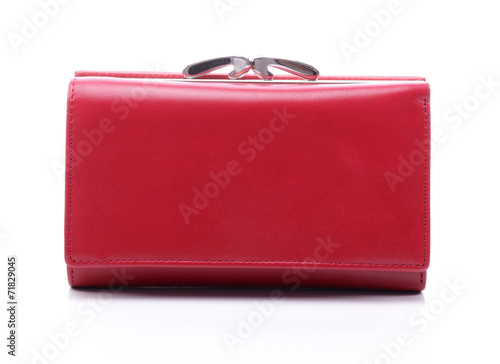 Women's red leather wallet on a white background