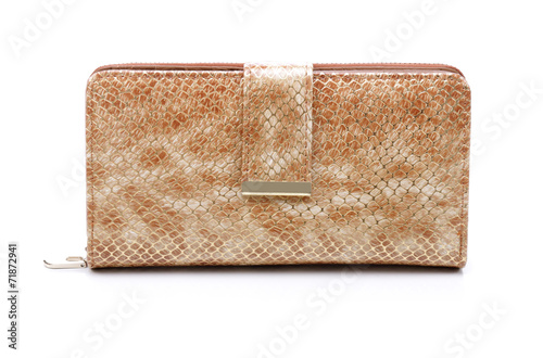 Women's gold leather wallet on a white background