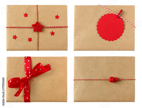 Variety of 4 wrapped gifts red color theme