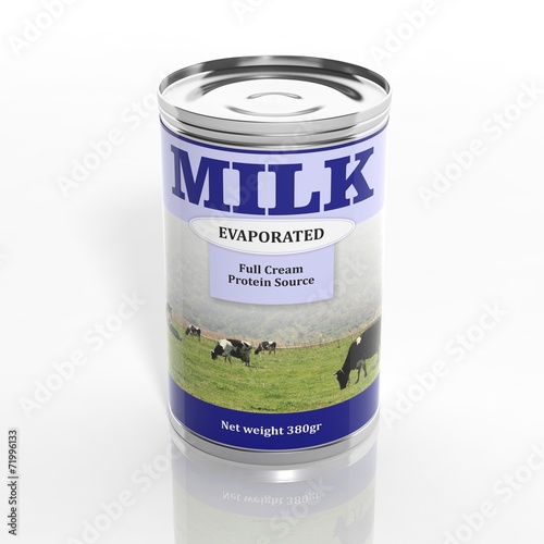 3D evaporated milk metallic can isolated on white