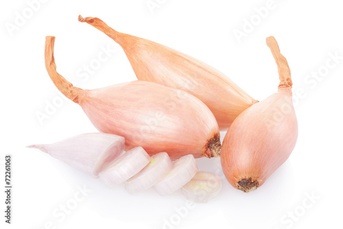 Shallot onions and slices on white, clipping path