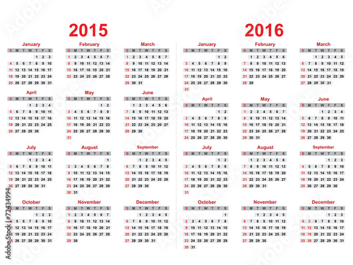 2015 and 2016 years calendar