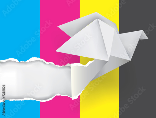 Origami dove ripping paper with print colors