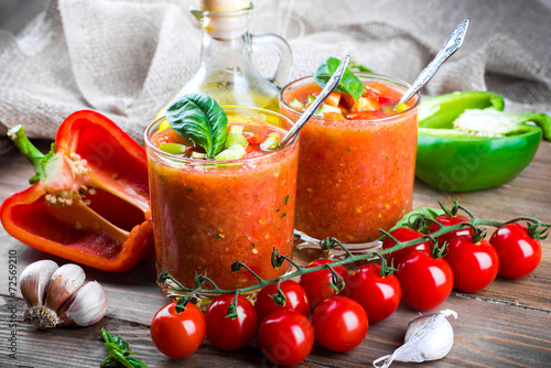 Tomato gazpacho soup with pepper and garlic, Spanish cuisine