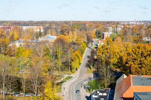small town panoramic view from above in the autumn