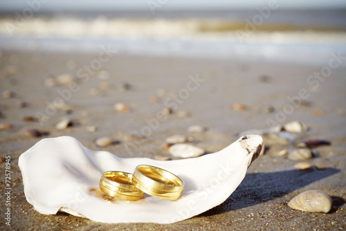 Gold wedding rings at the beach on a seashell North Sea Coast. Beach wedding background