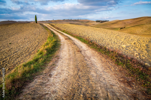 Dirt road between brown fields in Tuscany
