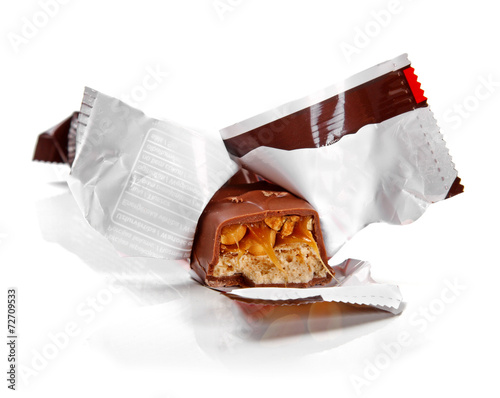 closeup of chocolate bar isolated on white background