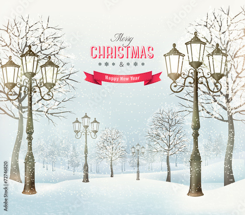 Christmas evening winter landscape with vintage lampposts. Vecto