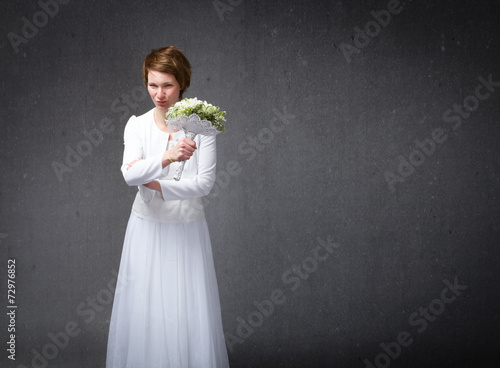 bride with white dress rude umbrella gesture