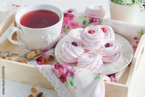 Homemade zefir (marshmallows) and cup of tea