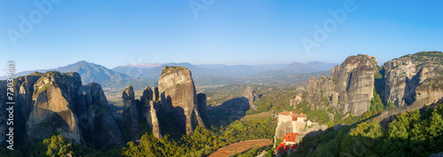 Panoramic view of the mountains in Meteora, Greece.