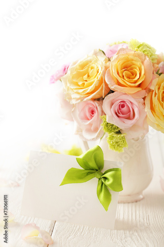 bouquet of flowers and gift tag