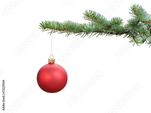 red satin glass ball hanging on christmas branch