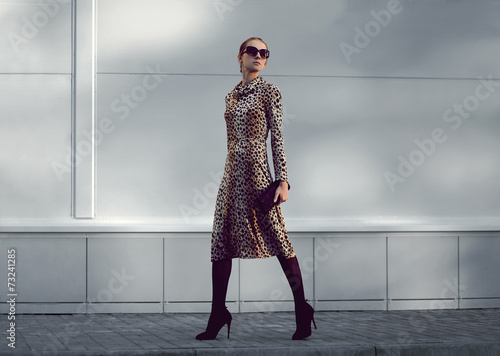 Street fashion concept - pretty elegant woman in leopard dress a