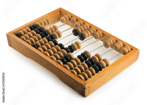 Old accounting wooden abacus isolated on white