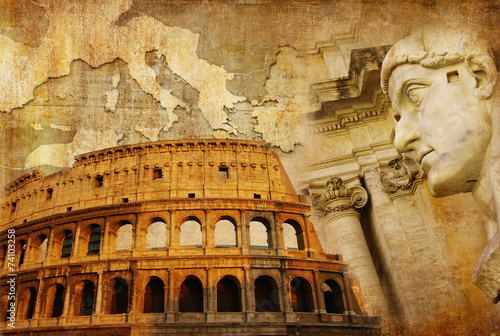 great Roman empire - conceptual collage in retro style. Antique Rome, Colosseum. Italy