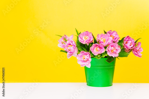 Green pot with pink flowers on yellow background