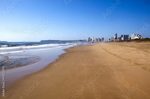 Empty Beach on Golden Mile with Durban City Skyline