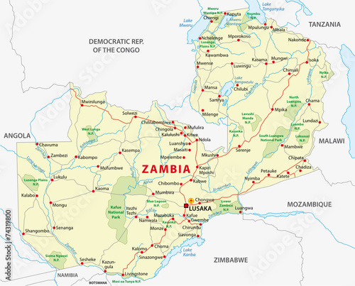 zambia road and national park map