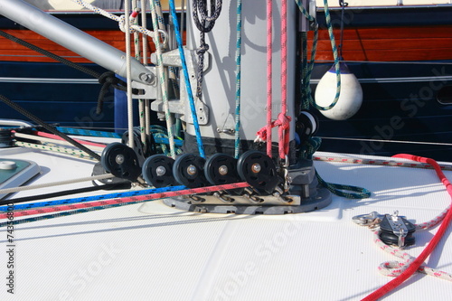 sailing boat ropes, pulleys, mast and deck tidy