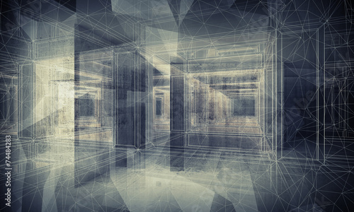 Abstract dark blue digital 3d interior background