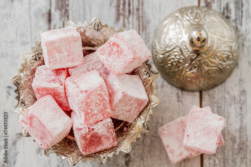 Rose Flavoured Turkish Delight on White Wooden Background