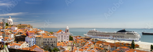 View of a big cruise ship docked in Lisbon, Portugal.