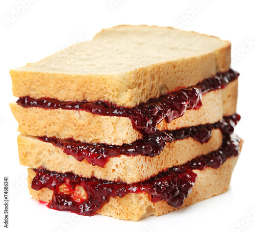 Tasty sandwich with jam isolated on white